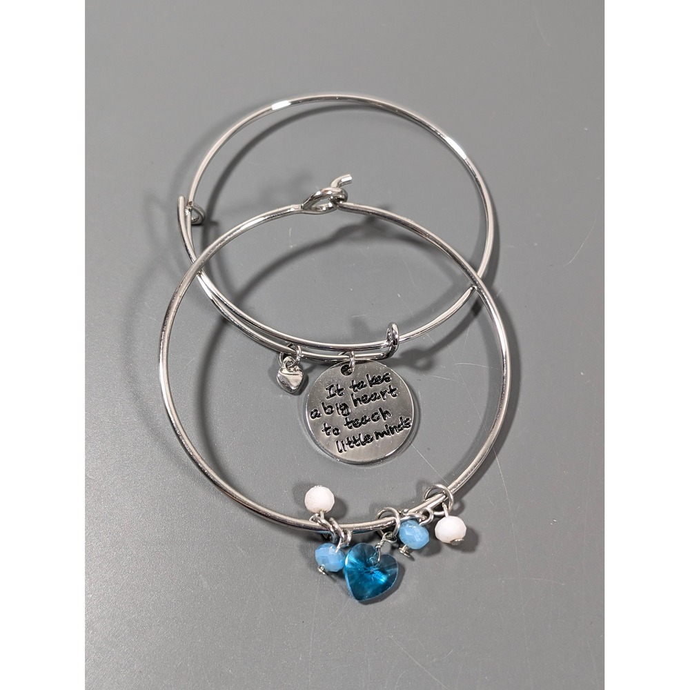 Teacher Charm Bangle Bracelet Set Blue Crystal Heart Stack Silver Tone 2 Pc